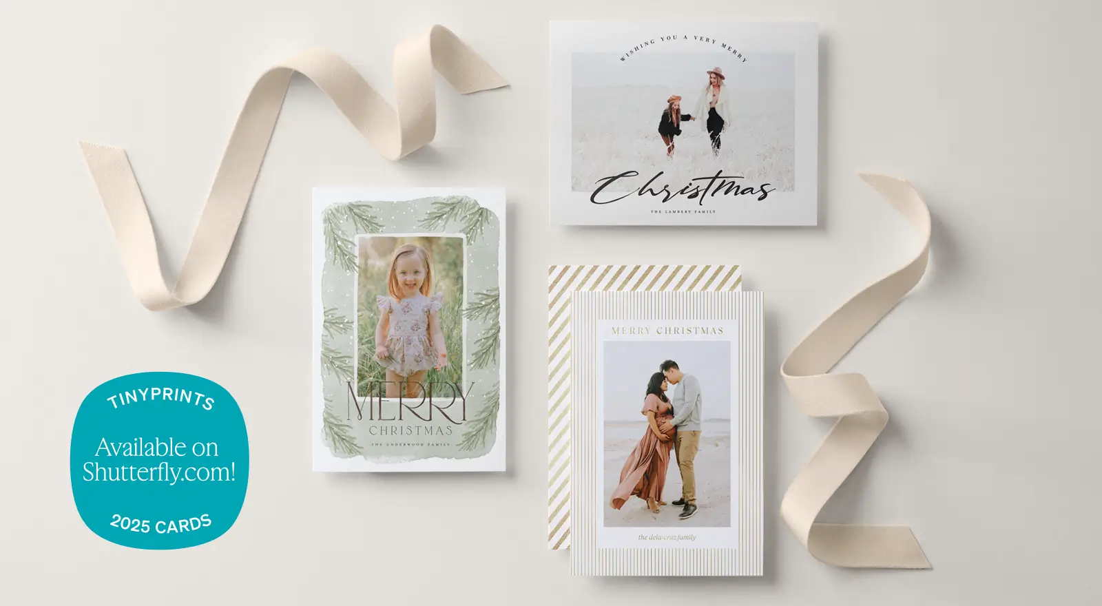 Three colorful holiday cards fanned out on a white background with bold text promoting a special offer.
